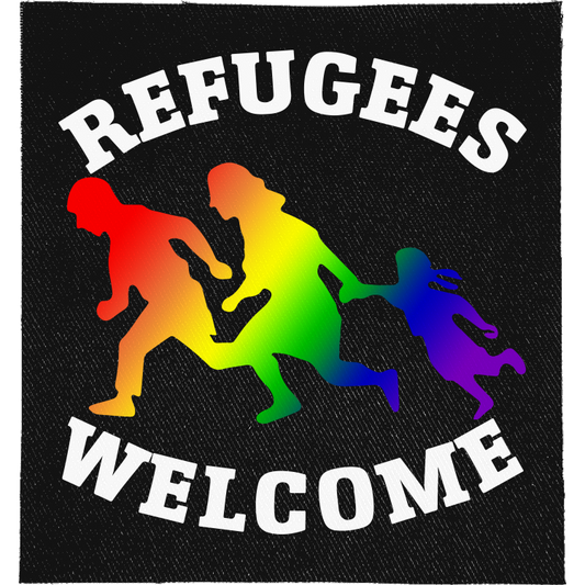 Queer Refugees Welcome Full Colour Patch: running family silhouettes in rainbow colours, reading "REFUGEES WELCOME"