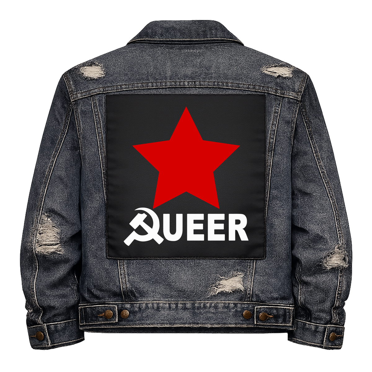 Queer Socialist Full Colour Back Patch shown on the back of a distressed denim jacket: red star above white lettering with a hammer and sickle as the Q, reading "QUEER"