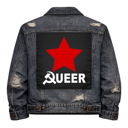 Queer Socialist Full Colour Back Patch shown on the back of a distressed denim jacket: red star above white lettering with a hammer and sickle as the Q, reading "QUEER"
