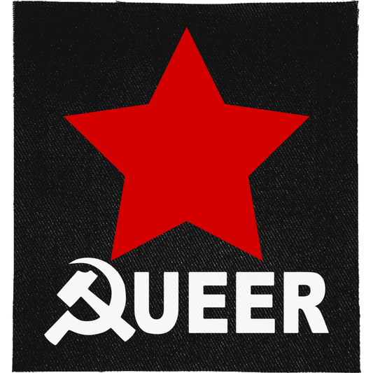 Queer Socialist Full Colour Patch: red star above white lettering with a hammer and sickle as the Q, reading "QUEER"