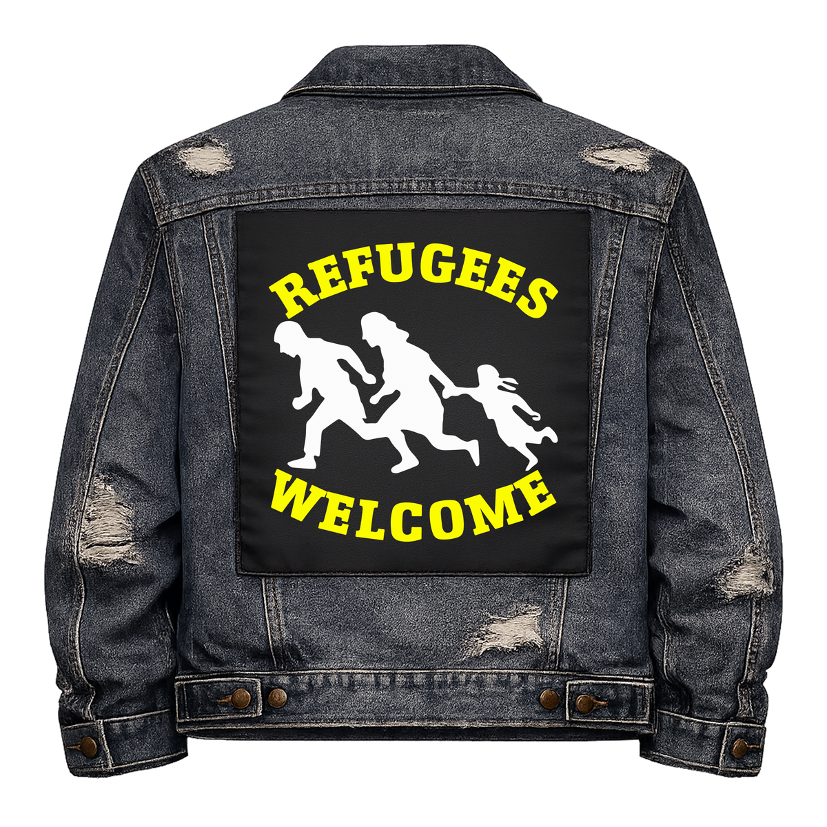 Refugees Welcome Full Colour Back Patch shown on the back of a distressed denim jacket: running family silhouettes with yellow lettering, reading "REFUGEES WELCOME"