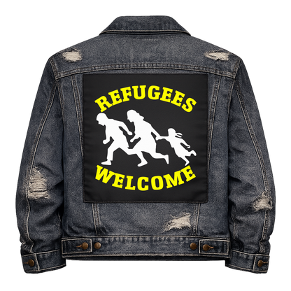 Refugees Welcome Full Colour Back Patch shown on the back of a distressed denim jacket: running family silhouettes with yellow lettering, reading "REFUGEES WELCOME"