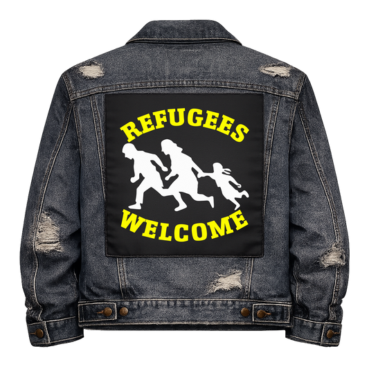 Refugees Welcome Full Colour Back Patch shown on the back of a distressed denim jacket: running family silhouettes with yellow lettering, reading "REFUGEES WELCOME"