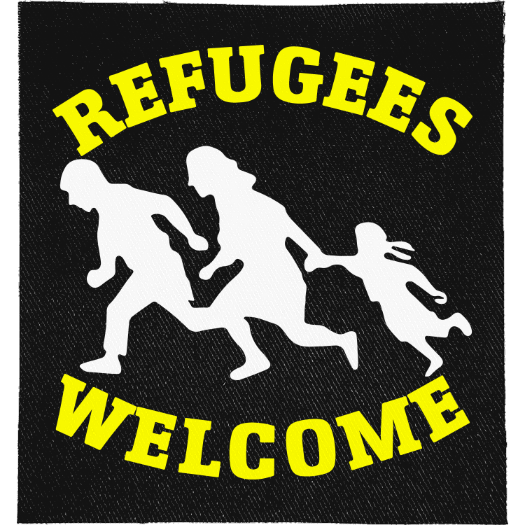 Refugees Welcome Full Colour Patch: running family silhouettes with yellow lettering, reading "REFUGEES WELCOME"