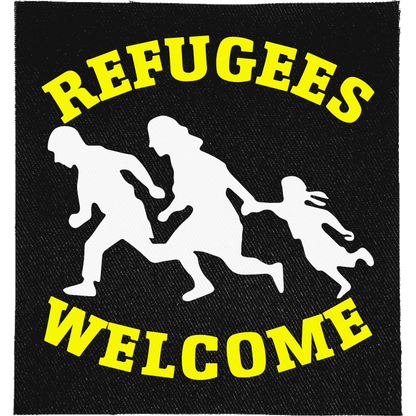 Refugees Welcome Full Colour Patch: running family silhouettes with yellow lettering, reading "REFUGEES WELCOME"