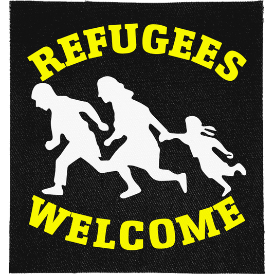 Refugees Welcome Full Colour Patch: running family silhouettes with yellow lettering, reading "REFUGEES WELCOME"
