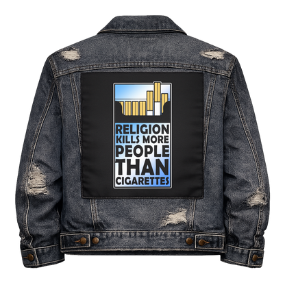 Religion Kills Full Colour Back Patch shown on the back of a distressed denim jacket: cigarette packet with the slogan in place of the health warning, reading "RELIGION KILLS MORE PEOPLE THAN CIGARETTES"