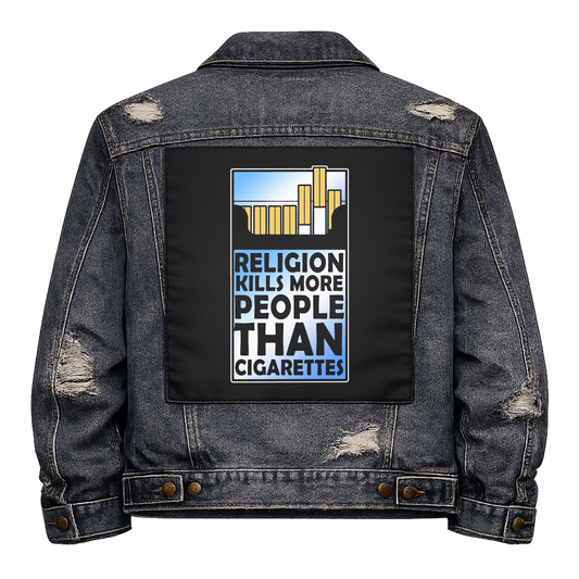 Religion Kills Full Colour Back Patch shown on the back of a distressed denim jacket: cigarette packet with the slogan in place of the health warning, reading "RELIGION KILLS MORE PEOPLE THAN CIGARETTES"