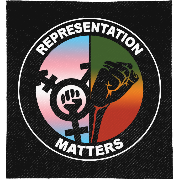 Representation Matters Full Colour Patch: roundel split between a trans symbol on trans flag colours and a raised fist, reading "REPRESENTATION MATTERS"