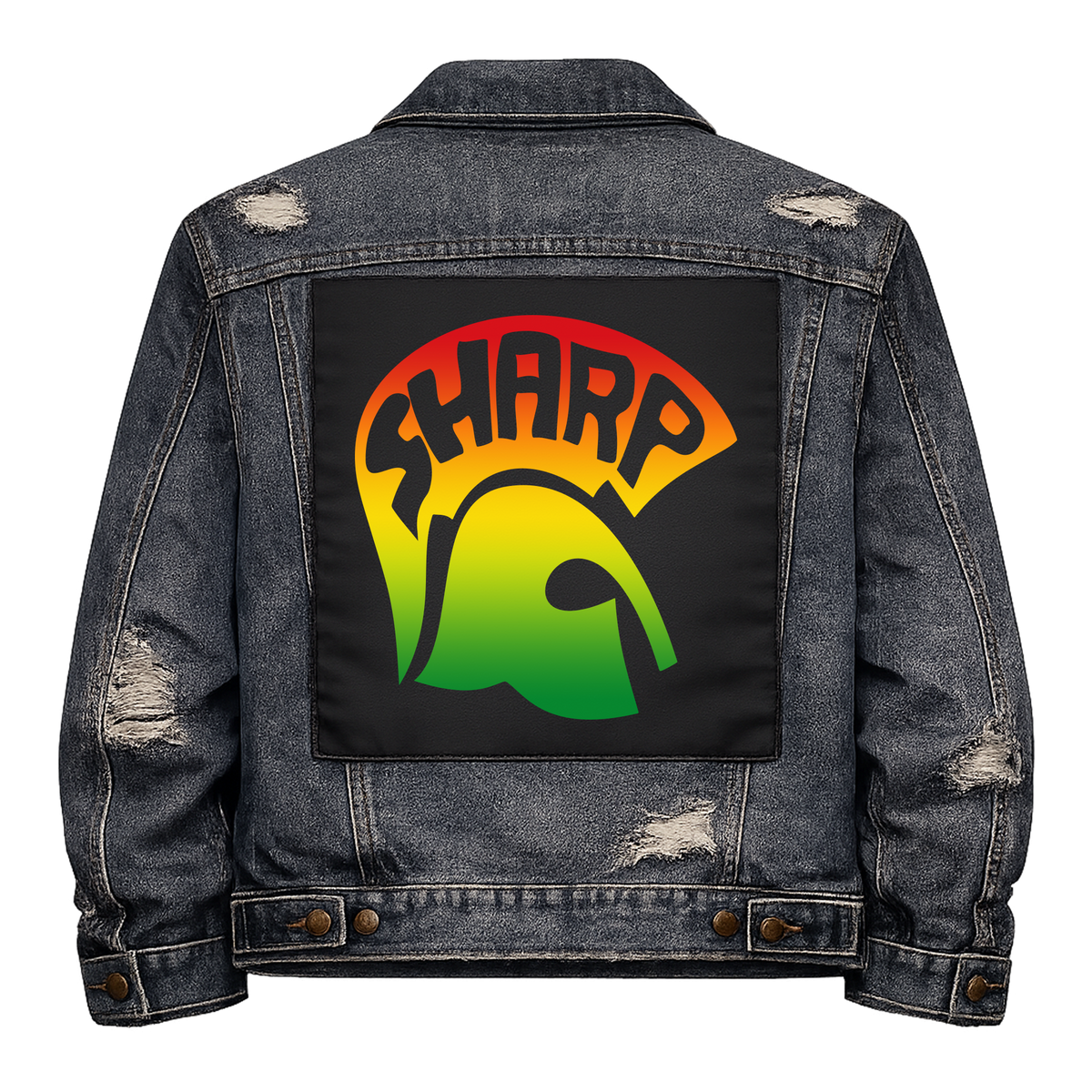 SHARP Full Colour Back Patch shown on the back of a distressed denim jacket: Trojan helmet in red, yellow and green with SHARP across the crest, reading "SHARP"
