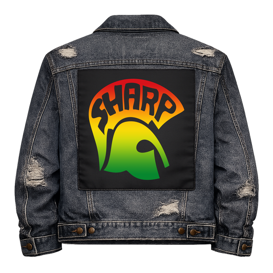 SHARP Full Colour Back Patch shown on the back of a distressed denim jacket: Trojan helmet in red, yellow and green with SHARP across the crest, reading "SHARP"