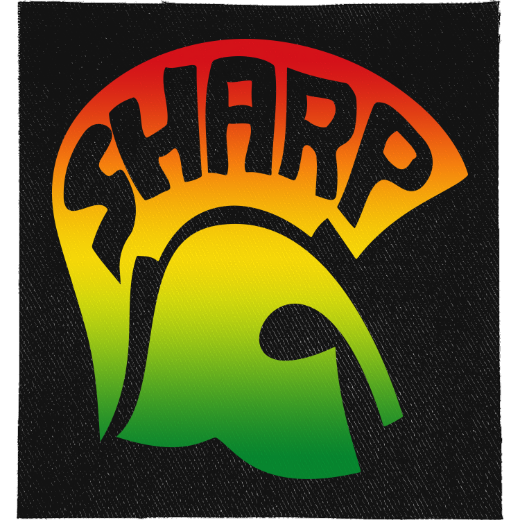 SHARP Full Colour Patch: Trojan helmet in red, yellow and green with SHARP across the crest, reading "SHARP"