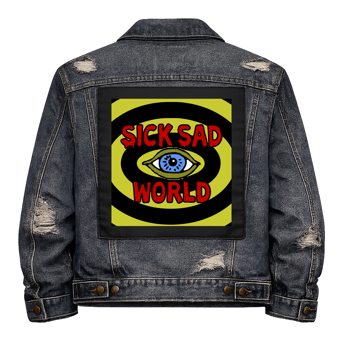 Sick Sad World Full Colour Back Patch shown on the back of a distressed denim jacket: staring eye inside yellow and black rings with red lettering, reading "SICK SAD WORLD"