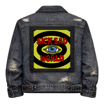 Sick Sad World Full Colour Back Patch shown on the back of a distressed denim jacket: staring eye inside yellow and black rings with red lettering, reading "SICK SAD WORLD"