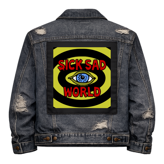 Sick Sad World Full Colour Back Patch shown on the back of a distressed denim jacket: staring eye inside yellow and black rings with red lettering, reading "SICK SAD WORLD"
