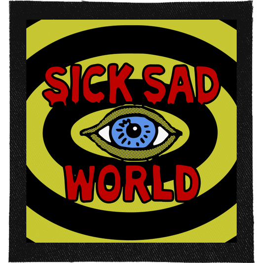 Sick Sad World Full Colour Patch: staring eye inside yellow and black rings with red lettering, reading "SICK SAD WORLD"