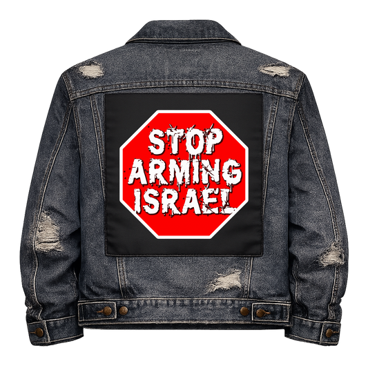 Stop Arming Israel Full Colour Back Patch shown on the back of a distressed denim jacket: red octagonal stop sign, reading "STOP ARMING ISRAEL"