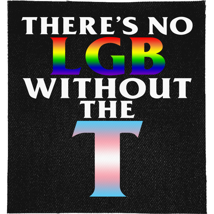 There's no LGB without the T Full Colour Patch: rainbow LGB and a big T in trans flag colours, reading "THERE'S NO LGB WITHOUT THE T"