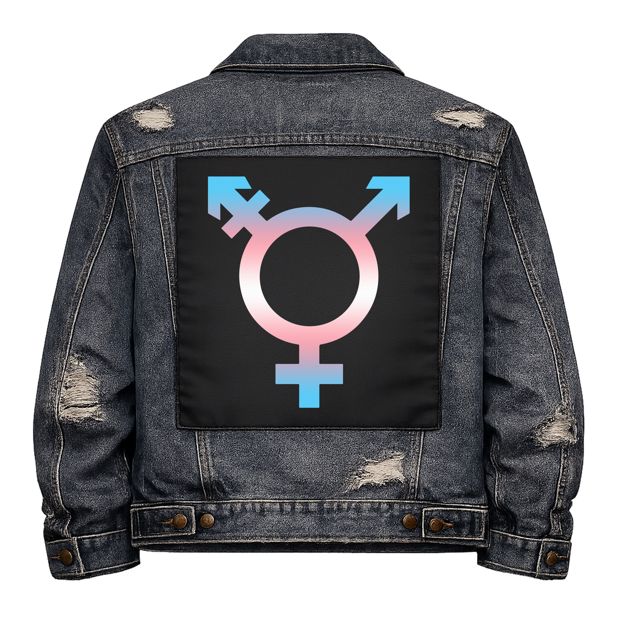 Trans Symbol Flag Full Colour Back Patch shown on the back of a distressed denim jacket: transgender symbol in trans flag colours