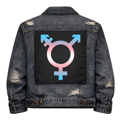 Trans Symbol Flag Full Colour Back Patch shown on the back of a distressed denim jacket: transgender symbol in trans flag colours