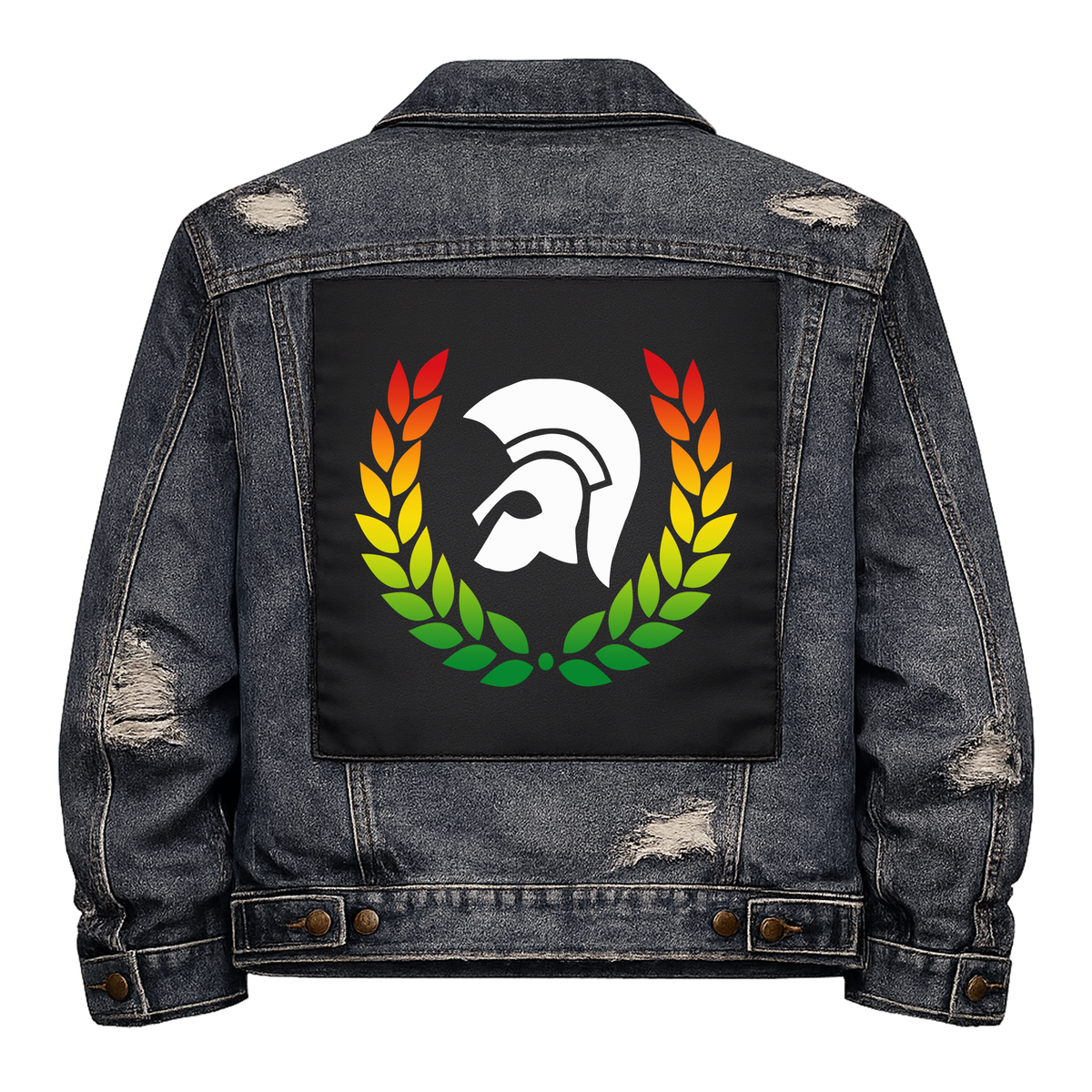 Trojan Full Colour Back Patch shown on the back of a distressed denim jacket: Trojan helmet inside a laurel wreath in red, yellow and green