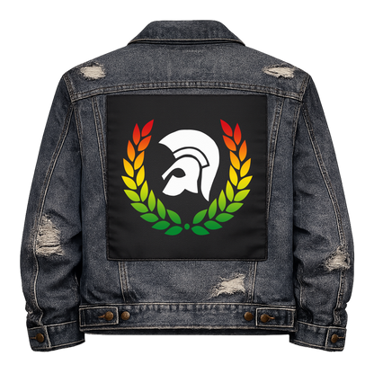 Trojan Full Colour Back Patch shown on the back of a distressed denim jacket: Trojan helmet inside a laurel wreath in red, yellow and green