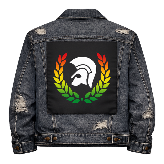 Trojan Full Colour Back Patch shown on the back of a distressed denim jacket: Trojan helmet inside a laurel wreath in red, yellow and green