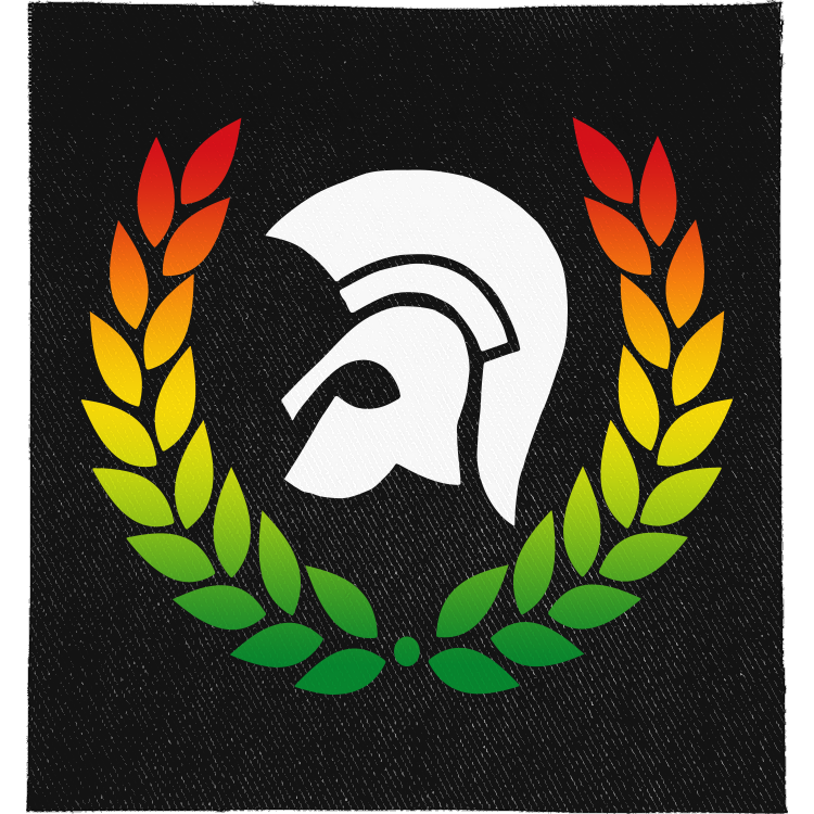 Trojan Full Colour Patch: Trojan helmet inside a laurel wreath in red, yellow and green