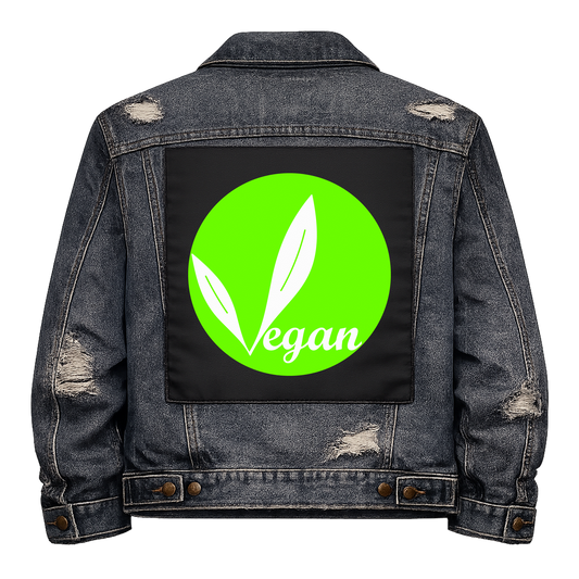 Vegan Full Colour Back Patch shown on the back of a distressed denim jacket: white leaves on a green circle with script lettering, reading "VEGAN"