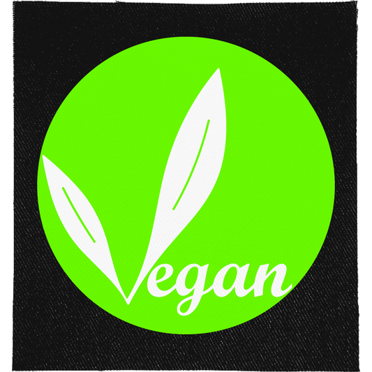 Vegan Full Colour Patch: white leaves on a green circle with script lettering, reading "VEGAN"