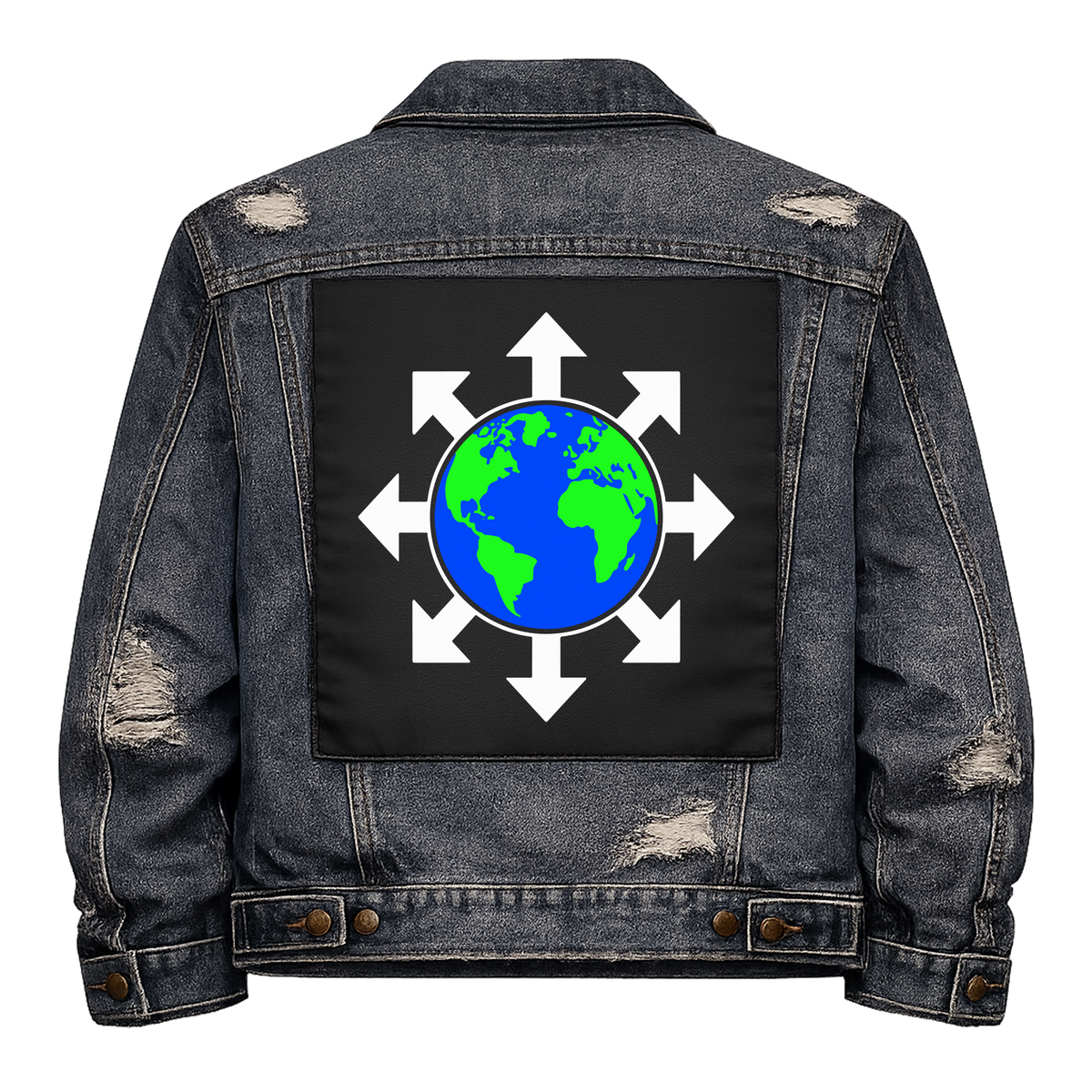 World of Chaos Full Colour Back Patch shown on the back of a distressed denim jacket: globe inside eight white arrows, the Symbol of Chaos