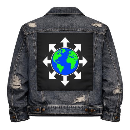World of Chaos Full Colour Back Patch shown on the back of a distressed denim jacket: globe inside eight white arrows, the Symbol of Chaos
