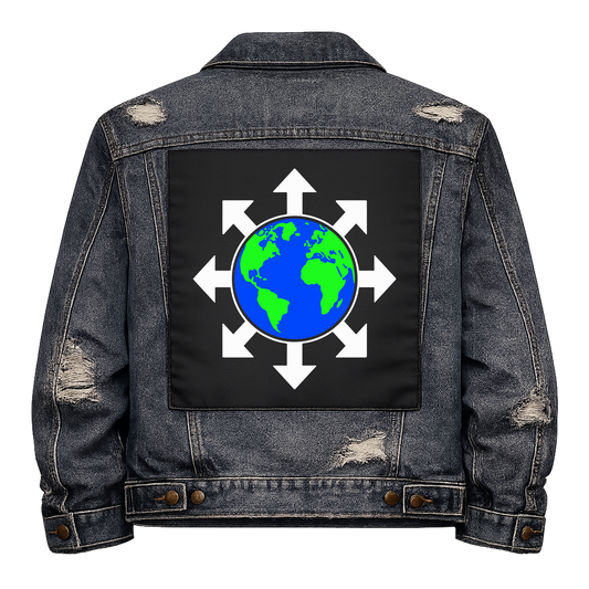 World of Chaos Full Colour Back Patch shown on the back of a distressed denim jacket: globe inside eight white arrows, the Symbol of Chaos