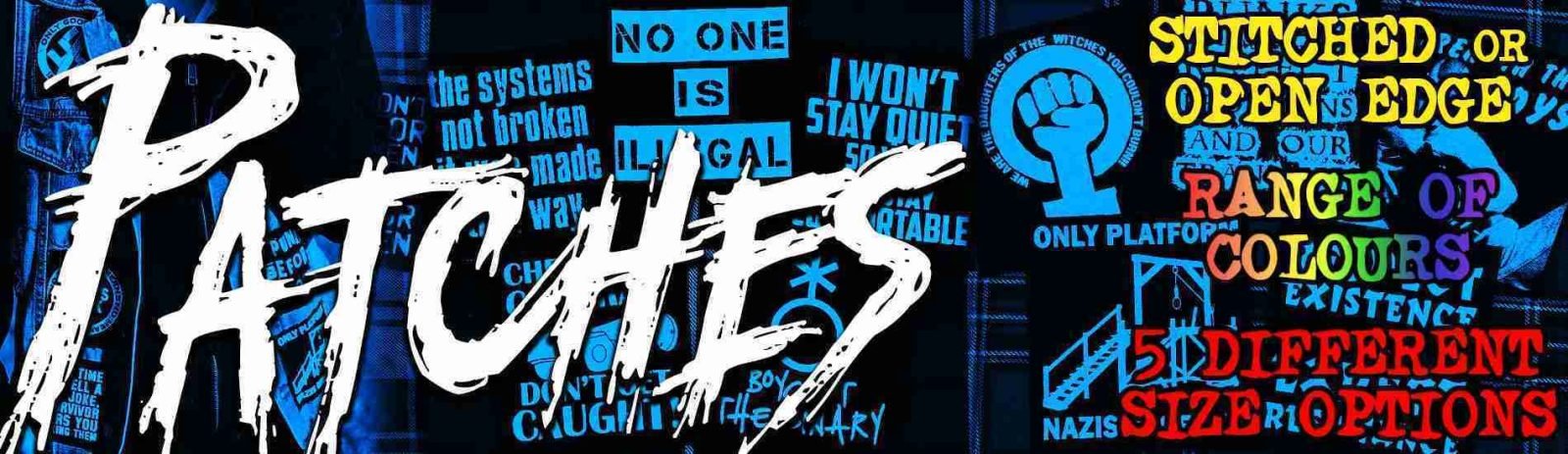 Blue-themed banner showcasing anti-fascist, feminist, pro-queer, and social justice patches with stitched or open edges, a range of colours, and five different size options.
