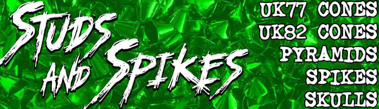 Bright green banner featuring studs and spikes, including UK77 cones, UK82 cones, pyramids, spikes, and skull designs.